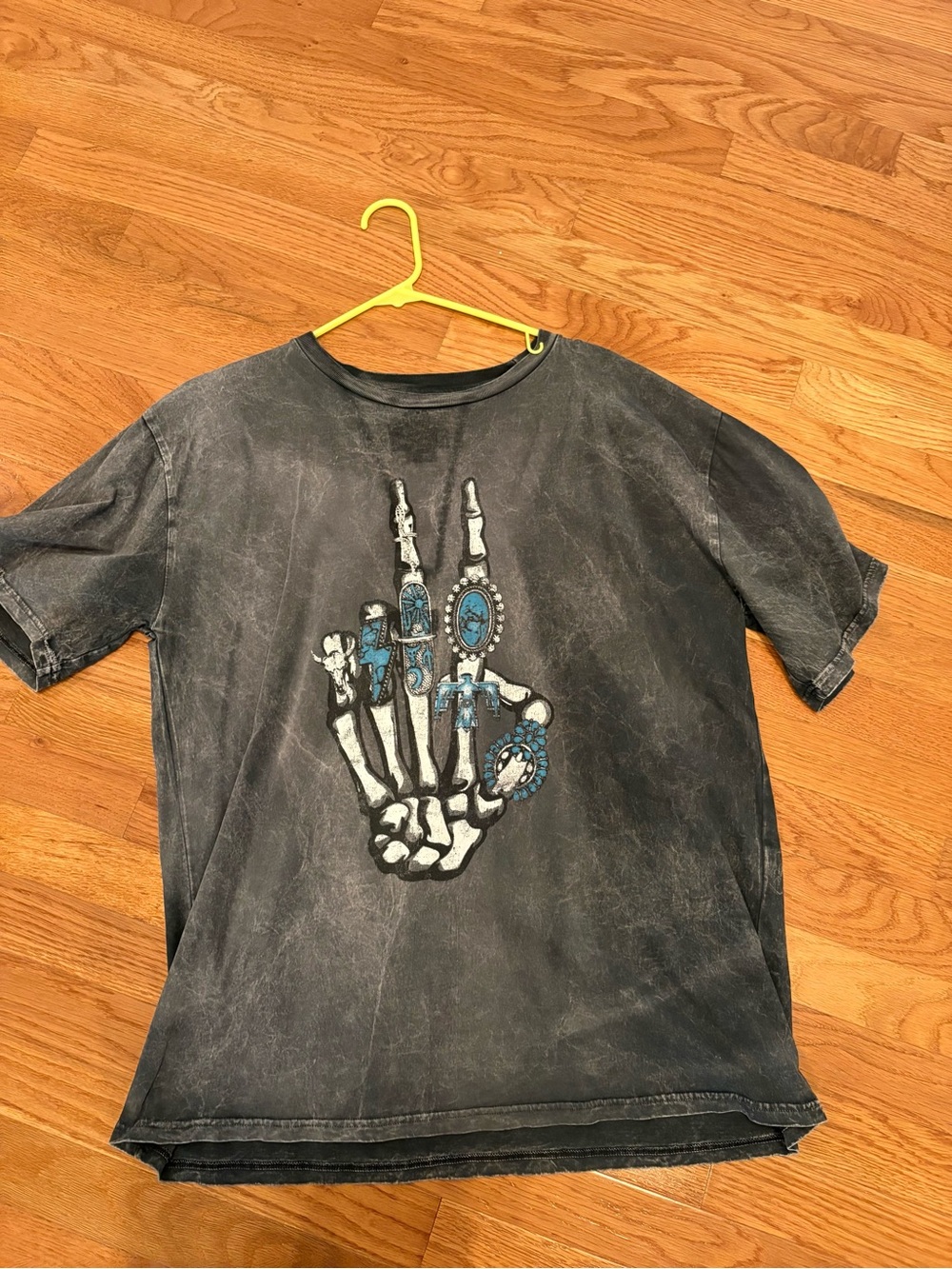 Washed Black Short Sleeve Graphic Tee with Turquoise Accents - Women